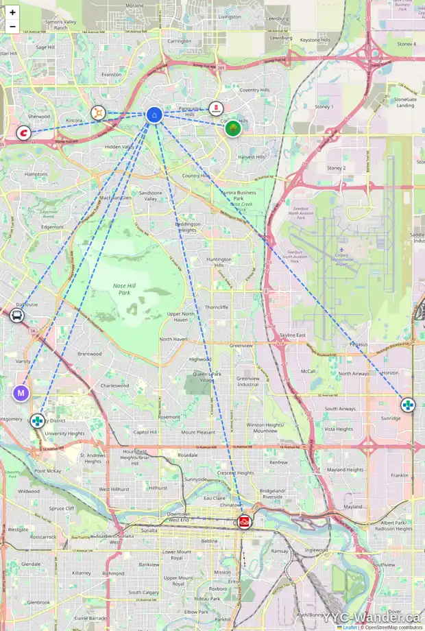 Daily accessibility map for 128 HIDDEN CREEK CI NW, Calgary showing nearby schools, grocery stores, parks, LRT stations and nearby amenities