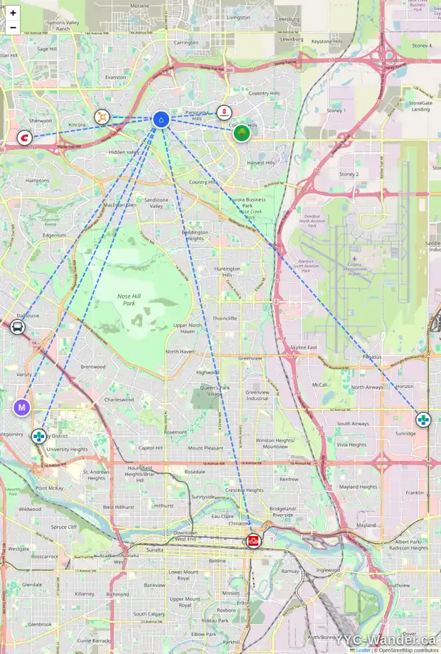 Daily accessibility map for 136 HIDDEN CREEK CI NW, Calgary showing nearby schools, grocery stores, parks, LRT stations and nearby amenities