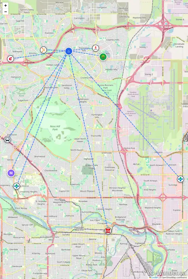 Daily accessibility map for 144 HIDDEN CREEK CI NW, Calgary showing nearby schools, grocery stores, parks, LRT stations and nearby amenities