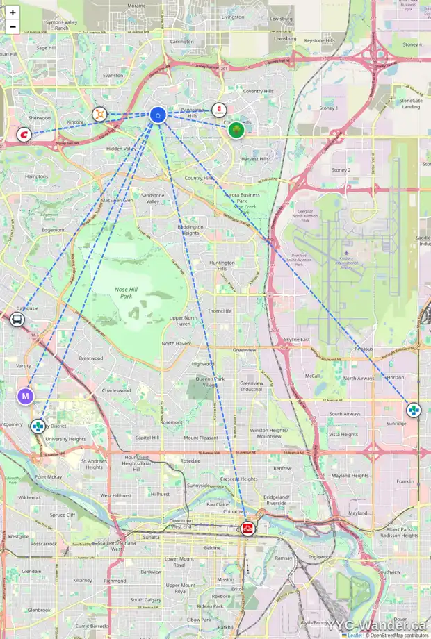Daily accessibility map for 35 HIDDEN CREEK CI NW, Calgary showing nearby schools, grocery stores, parks, LRT stations and nearby amenities