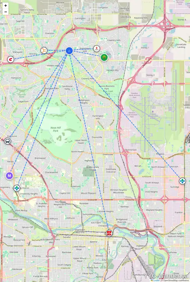 Daily accessibility map for 105 HIDDEN CREEK CI NW, Calgary showing nearby schools, grocery stores, parks, LRT stations and nearby amenities
