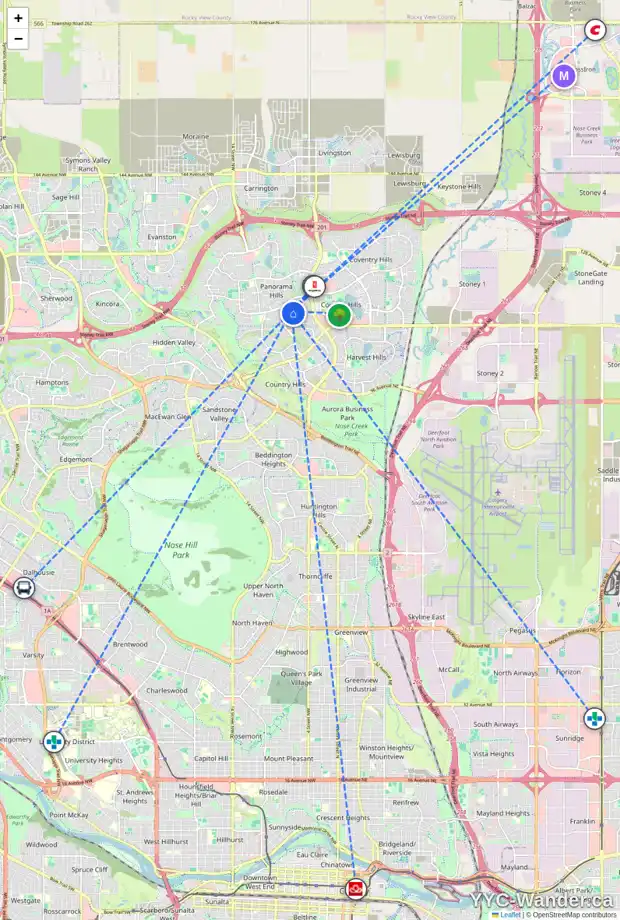 Daily accessibility map for 258 PANAMOUNT CL NW, Calgary showing nearby schools, grocery stores, parks, LRT stations and nearby amenities