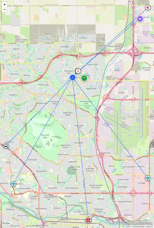 Daily accessibility map for 266 PANAMOUNT CL NW, Calgary showing nearby schools, grocery stores, parks, LRT stations and nearby amenities