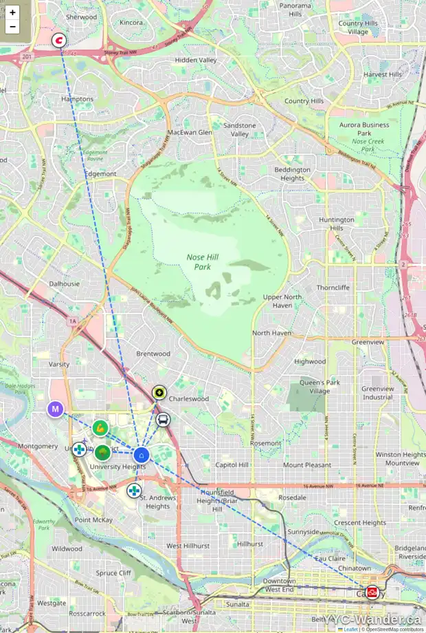 Daily accessibility map for 2928 UNIVERSITY PL NW, Calgary showing nearby schools, grocery stores, parks, LRT stations and nearby amenities