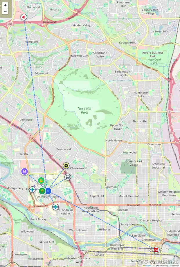 Daily accessibility map for 2428 ULRICH RD NW, Calgary showing nearby schools, grocery stores, parks, LRT stations and nearby amenities