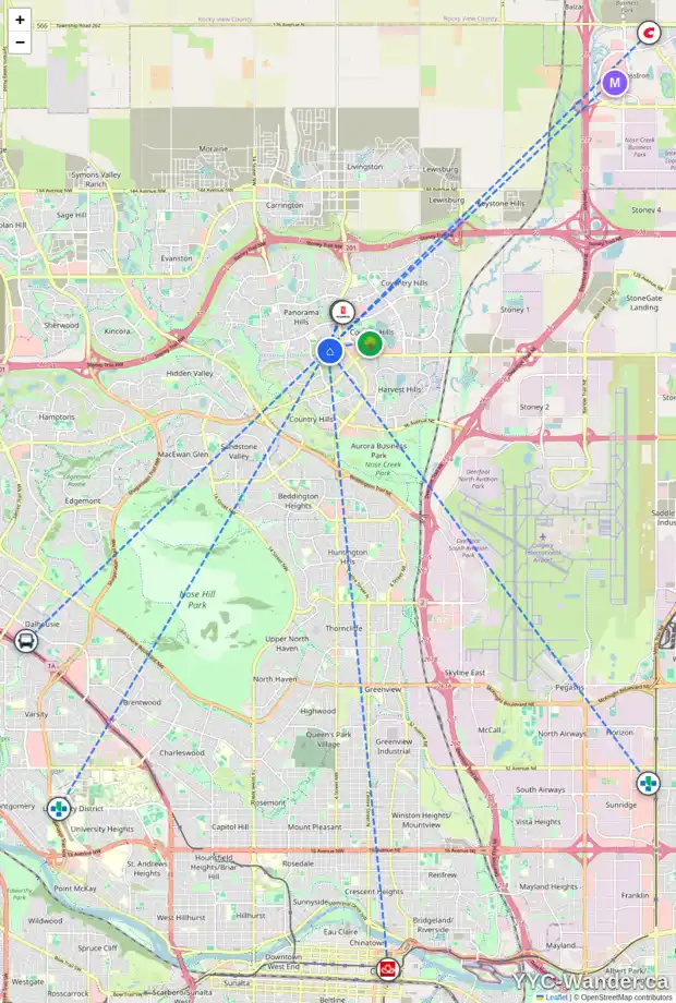 Daily accessibility map for 260 PANAMOUNT HL NW, Calgary showing nearby schools, grocery stores, parks, LRT stations and nearby amenities