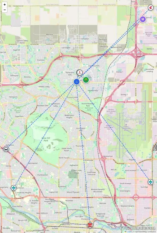 Daily accessibility map for 264 PANAMOUNT HL NW, Calgary showing nearby schools, grocery stores, parks, LRT stations and nearby amenities