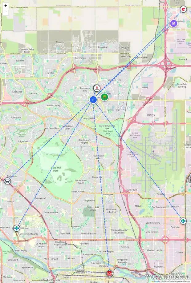 Daily accessibility map for 268 PANAMOUNT HL NW, Calgary showing nearby schools, grocery stores, parks, LRT stations and nearby amenities