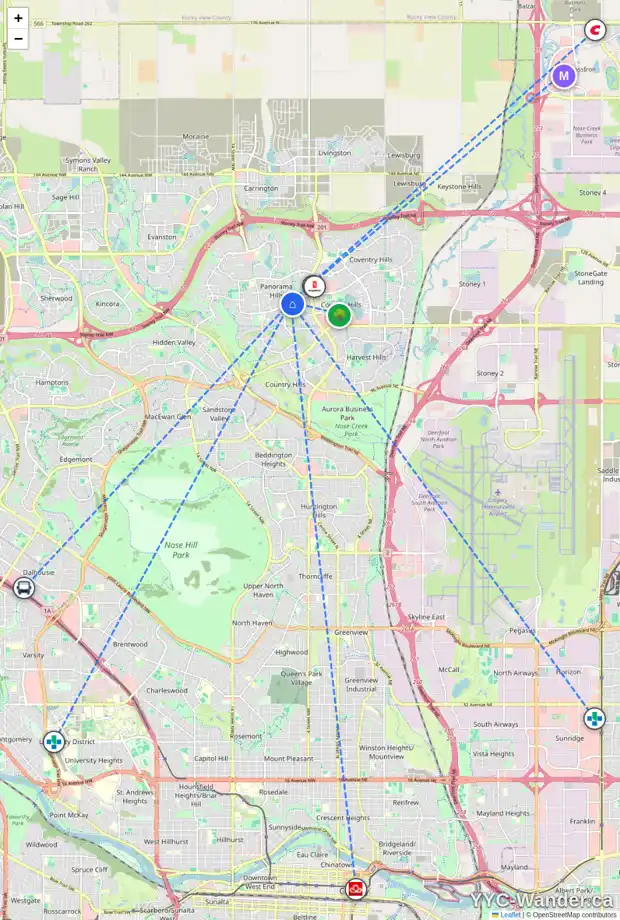 Daily accessibility map for 183 PANAMOUNT HL NW, Calgary showing nearby schools, grocery stores, parks, LRT stations and nearby amenities