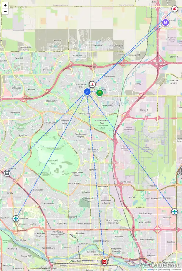 Daily accessibility map for 215 PANAMOUNT HL NW, Calgary showing nearby schools, grocery stores, parks, LRT stations and nearby amenities