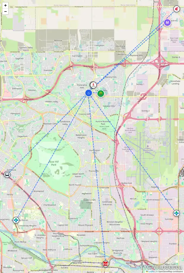 Daily accessibility map for 223 PANAMOUNT HL NW, Calgary showing nearby schools, grocery stores, parks, LRT stations and nearby amenities