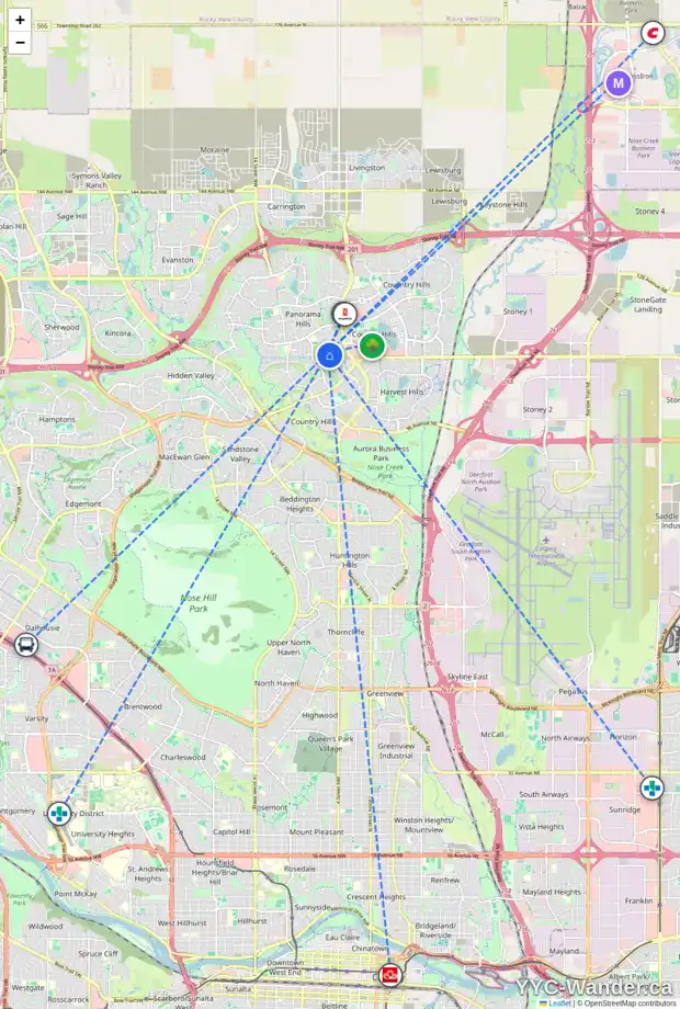 Daily accessibility map for 267 PANAMOUNT HL NW, Calgary showing nearby schools, grocery stores, parks, LRT stations and nearby amenities