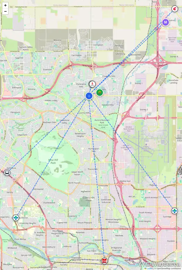 Daily accessibility map for 283 PANAMOUNT HL NW, Calgary showing nearby schools, grocery stores, parks, LRT stations and nearby amenities