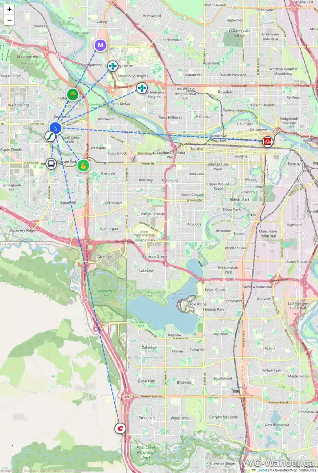 Daily accessibility map for 164 STRADDOCK TC SW, Calgary showing nearby schools, grocery stores, parks, LRT stations and nearby amenities