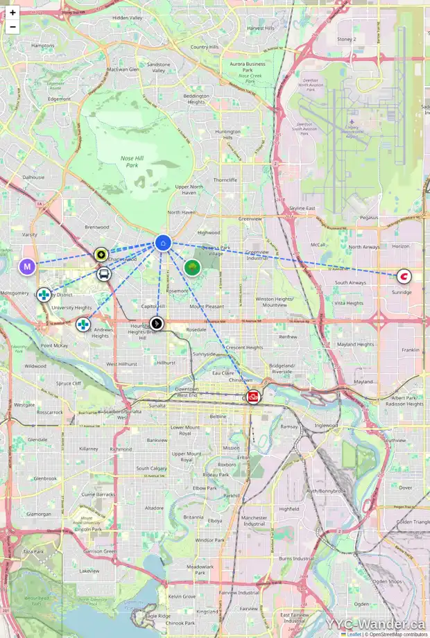 Daily accessibility map for 1636 CAYUGA DR NW, Calgary showing nearby schools, grocery stores, parks, LRT stations and nearby amenities