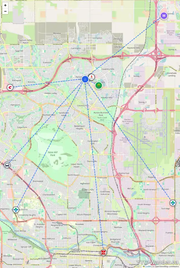 Daily accessibility map for 33 PANAMOUNT GR NW, Calgary showing nearby schools, grocery stores, parks, LRT stations and nearby amenities