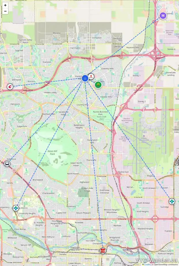 Daily accessibility map for 45 PANAMOUNT GR NW, Calgary showing nearby schools, grocery stores, parks, LRT stations and nearby amenities
