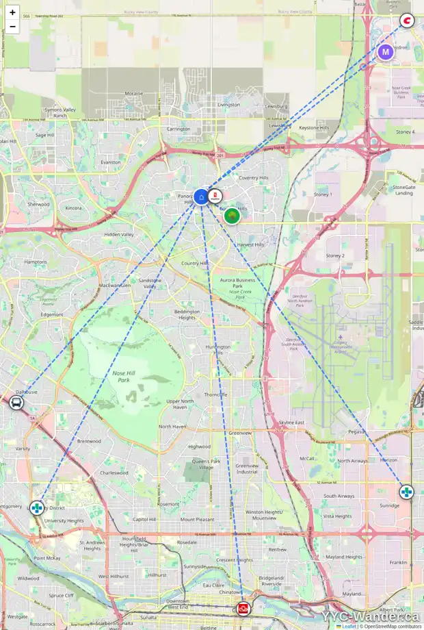 Daily accessibility map for 93 PANAMOUNT GR NW, Calgary showing nearby schools, grocery stores, parks, LRT stations and nearby amenities