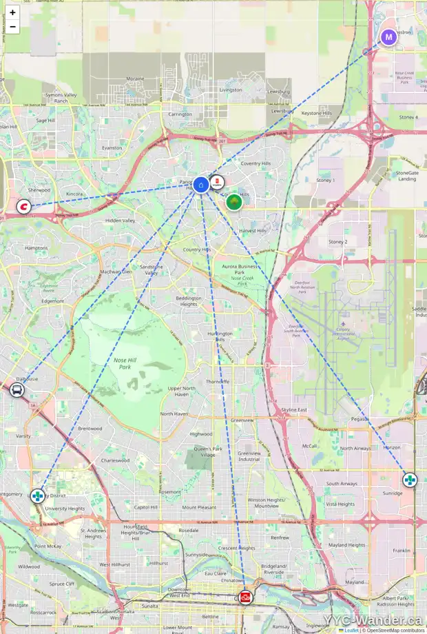Daily accessibility map for 10 PANAMOUNT GR NW, Calgary showing nearby schools, grocery stores, parks, LRT stations and nearby amenities