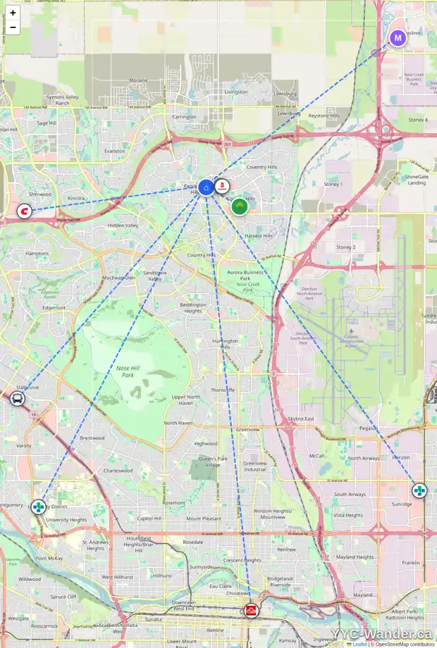 Daily accessibility map for 100 PANAMOUNT GR NW, Calgary showing nearby schools, grocery stores, parks, LRT stations and nearby amenities
