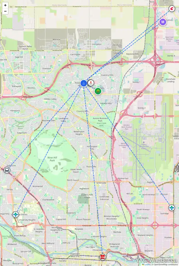 Daily accessibility map for 208 PANAMOUNT GR NW, Calgary showing nearby schools, grocery stores, parks, LRT stations and nearby amenities