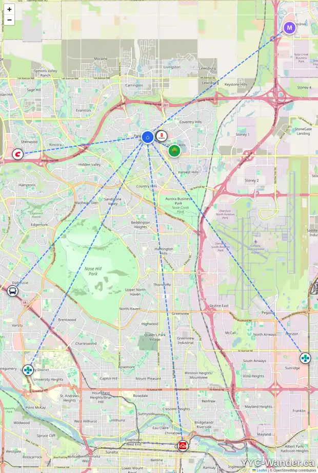 Daily accessibility map for 205 PANAMOUNT GR NW, Calgary showing nearby schools, grocery stores, parks, LRT stations and nearby amenities