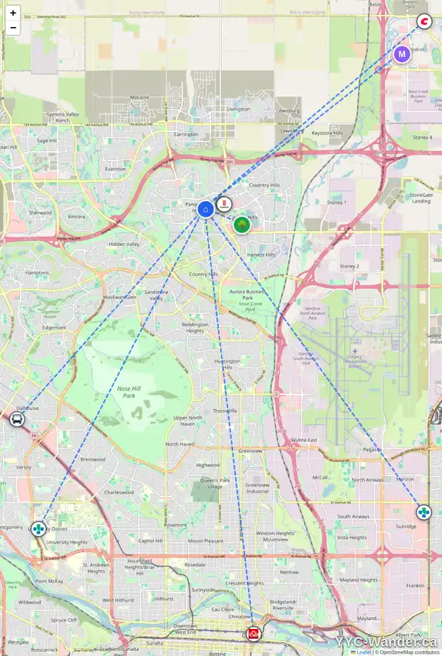 Daily accessibility map for 76 PANAMOUNT HL NW, Calgary showing nearby schools, grocery stores, parks, LRT stations and nearby amenities