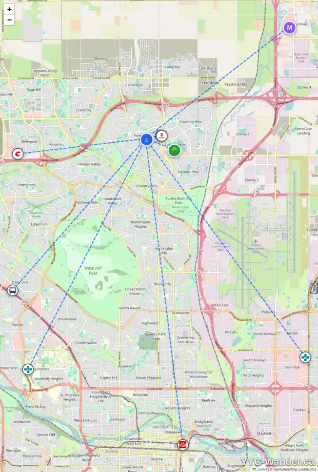 Daily accessibility map for 71 PANAMOUNT HL NW, Calgary showing nearby schools, grocery stores, parks, LRT stations and nearby amenities