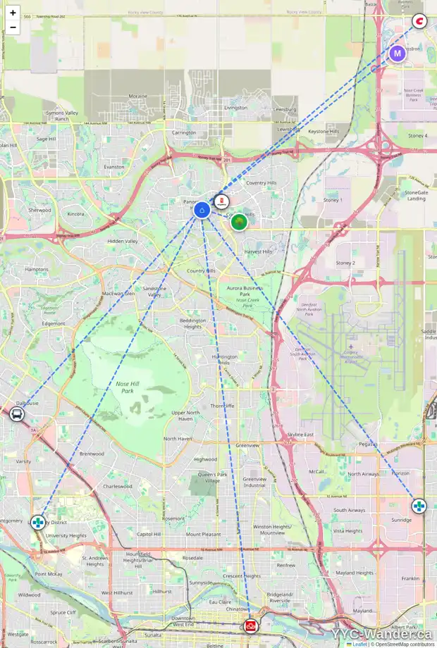 Daily accessibility map for 101 PANAMOUNT CO NW, Calgary showing nearby schools, grocery stores, parks, LRT stations and nearby amenities