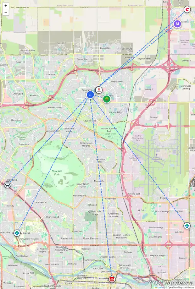 Daily accessibility map for 125 PANAMOUNT CO NW, Calgary showing nearby schools, grocery stores, parks, LRT stations and nearby amenities