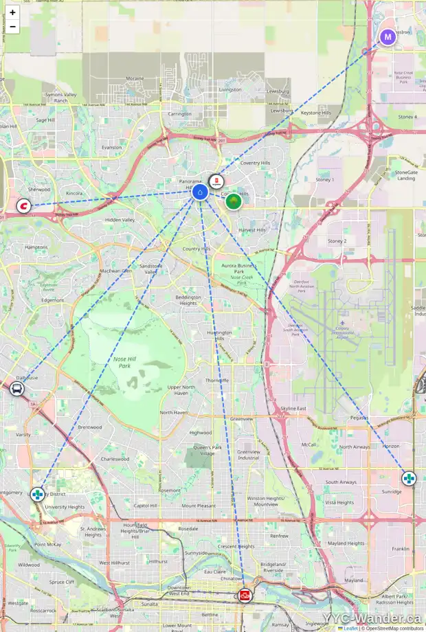 Daily accessibility map for 306 PANAMOUNT BV NW, Calgary showing nearby schools, grocery stores, parks, LRT stations and nearby amenities
