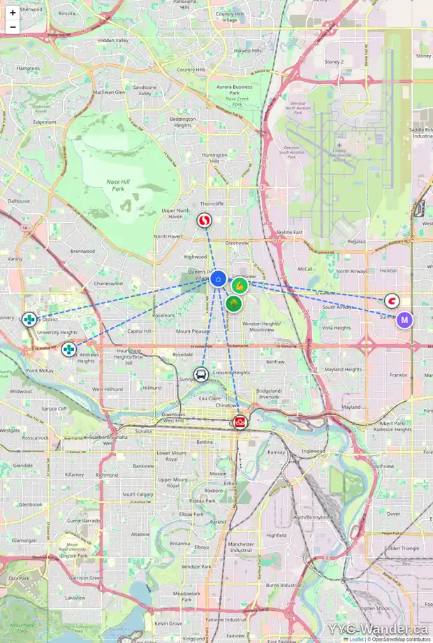 Daily accessibility map for 3723 2 ST NW, Calgary showing nearby schools, grocery stores, parks, LRT stations and nearby amenities