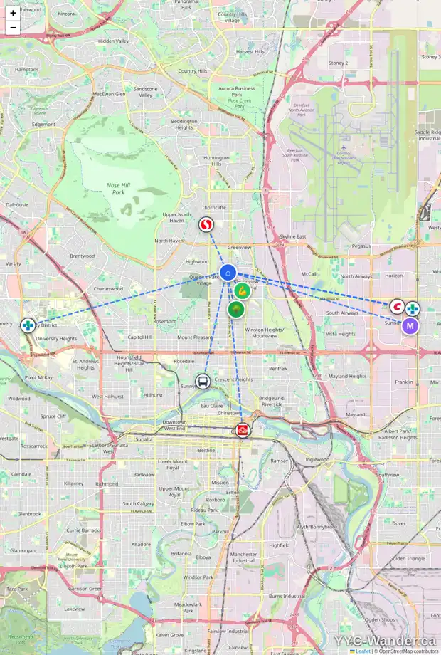 Daily accessibility map for 128 40 AV NW, Calgary showing nearby schools, grocery stores, parks, LRT stations and nearby amenities