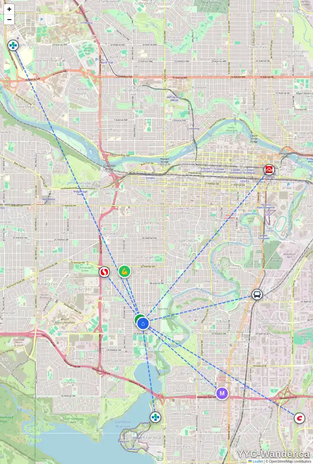Daily accessibility map for 1741 47 AV SW, Calgary showing nearby schools, grocery stores, parks, LRT stations and nearby amenities