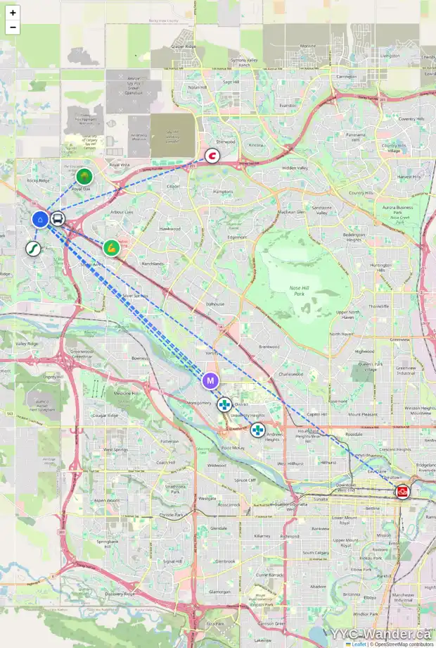 Daily accessibility map for 3 TUSCANY SPRINGS RD NW, Calgary showing nearby schools, grocery stores, parks, LRT stations and nearby amenities