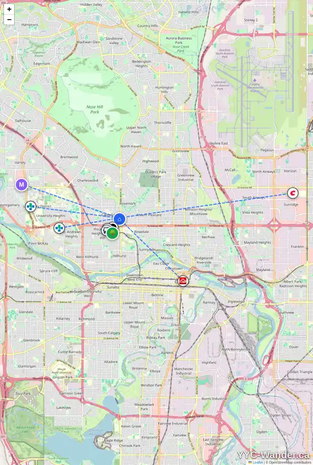 Daily accessibility map for 1526 19 AV NW, Calgary showing nearby schools, grocery stores, parks, LRT stations and nearby amenities