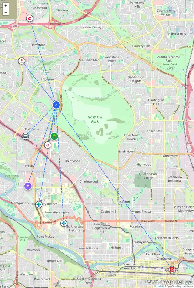 Daily accessibility map for 82 EDELWEISS DR NW, Calgary showing nearby schools, grocery stores, parks, LRT stations and nearby amenities