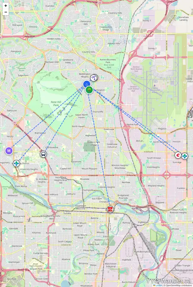 Daily accessibility map for 1023 HUNTERSTON PL NW, Calgary showing nearby schools, grocery stores, parks, LRT stations and nearby amenities