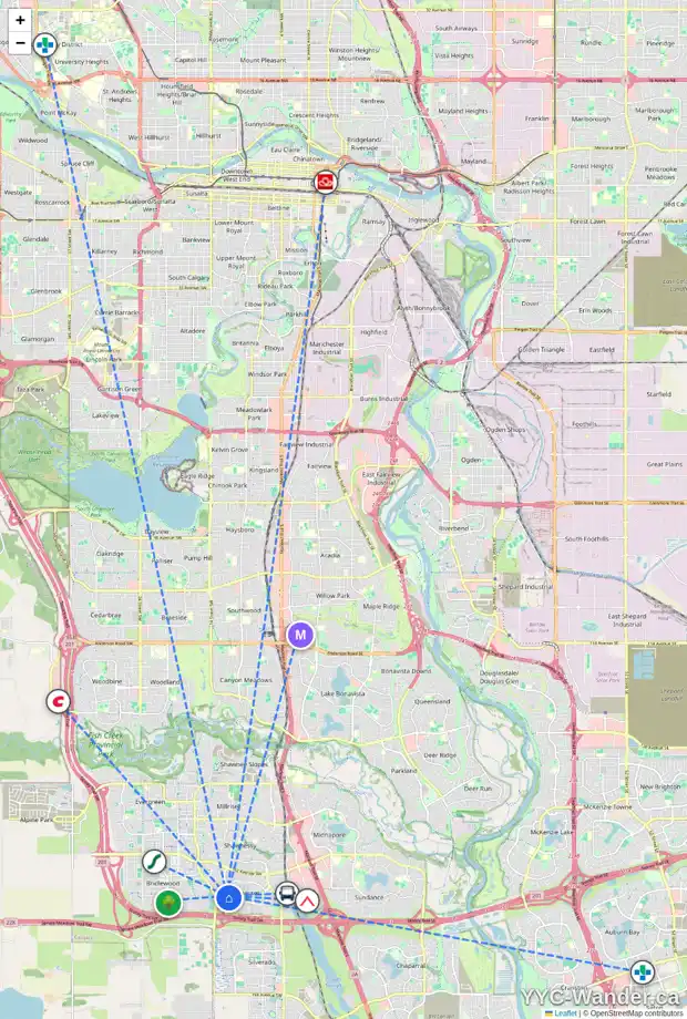 Daily accessibility map for 605 SOMERSET DR SW, Calgary showing nearby schools, grocery stores, parks, LRT stations and nearby amenities