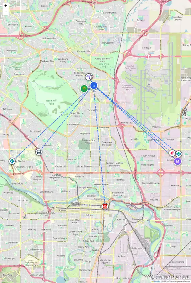 Daily accessibility map for 104 HUNTCROFT PL NE, Calgary showing nearby schools, grocery stores, parks, LRT stations and nearby amenities