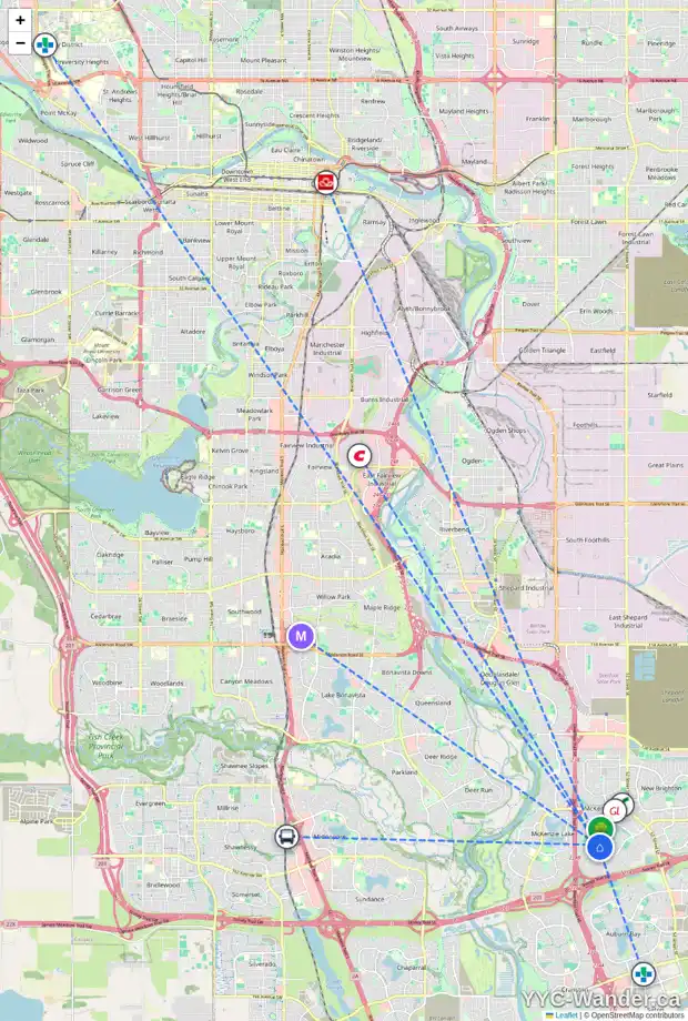 Daily accessibility map for 22 ELGIN PARK CM SE, Calgary showing nearby schools, grocery stores, parks, LRT stations and nearby amenities