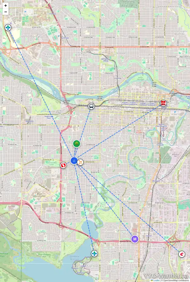 Daily accessibility map for 2115 32 AV SW, Calgary showing nearby schools, grocery stores, parks, LRT stations and nearby amenities