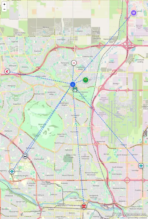 Daily accessibility map for 331 728 COUNTRY HILLS RD NW, Calgary showing nearby schools, grocery stores, parks, LRT stations and nearby amenities