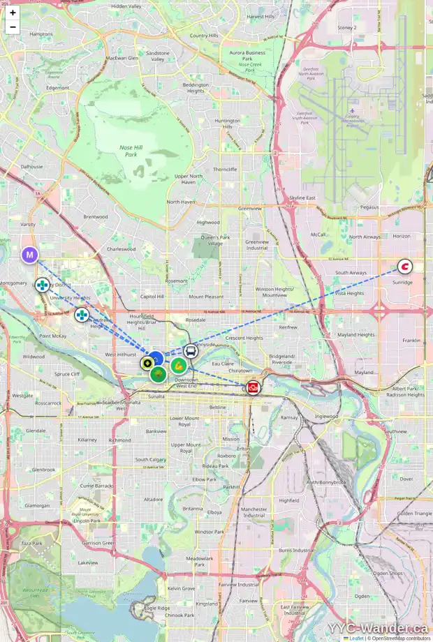 Daily accessibility map for 1749 2 AV NW, Calgary showing nearby schools, grocery stores, parks, LRT stations and nearby amenities
