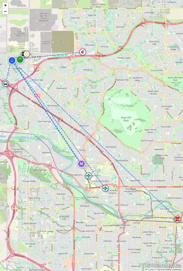 Daily accessibility map for 384 ROYAL OAK CI NW, Calgary showing nearby schools, grocery stores, parks, LRT stations and nearby amenities