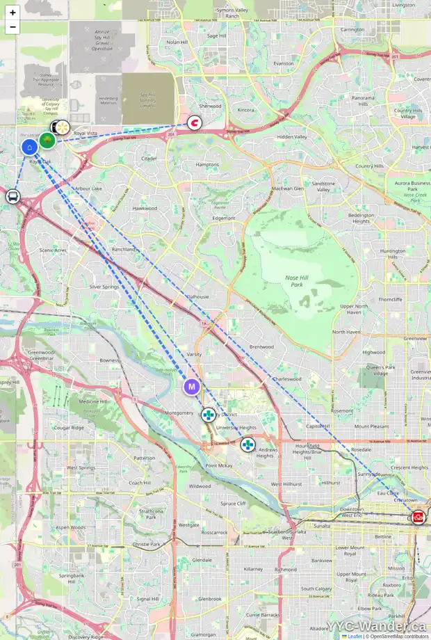 Daily accessibility map for 428 ROYAL OAK CI NW, Calgary showing nearby schools, grocery stores, parks, LRT stations and nearby amenities