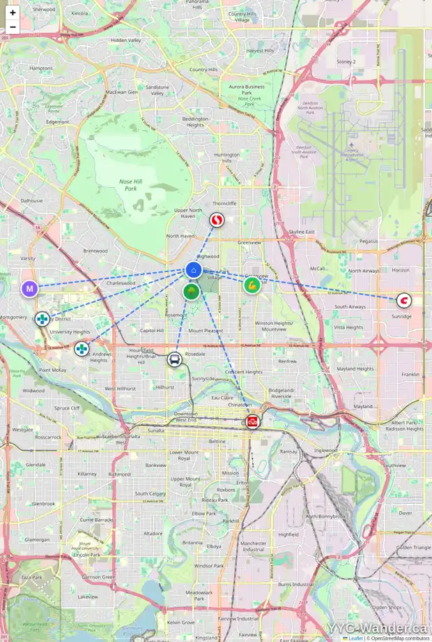 Daily accessibility map for 1004 39 AV NW, Calgary showing nearby schools, grocery stores, parks, LRT stations and nearby amenities