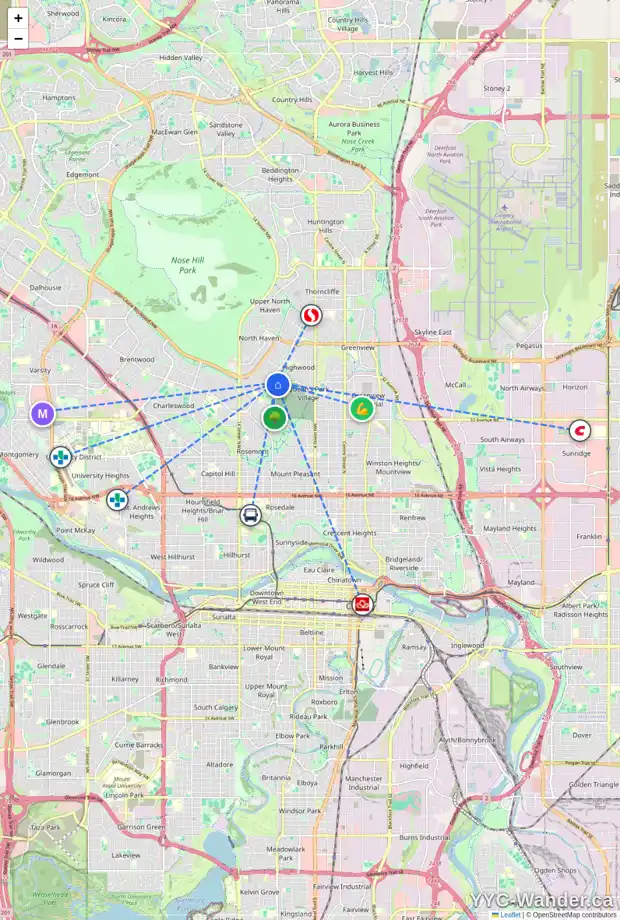 Daily accessibility map for 1003 40 AV NW, Calgary showing nearby schools, grocery stores, parks, LRT stations and nearby amenities