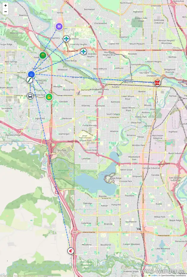 Daily accessibility map for 17 STRADDOCK VI SW, Calgary showing nearby schools, grocery stores, parks, LRT stations and nearby amenities