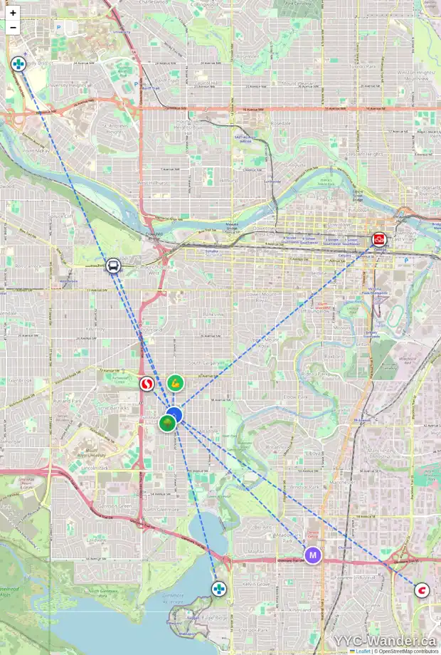 Daily accessibility map for 124 CAMBRAI AV SW, Calgary showing nearby schools, grocery stores, parks, LRT stations and nearby amenities